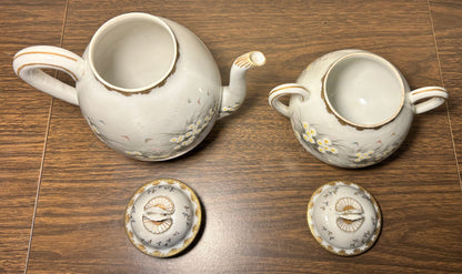 Early 20th Century Japanese Kutani Porcelain Hand-Painted Gilded Chrysanthemum Floral/Mountain Creek Landscape Motifs Teapot and Lidded Sugar Bowl Set (Meiji Period)
