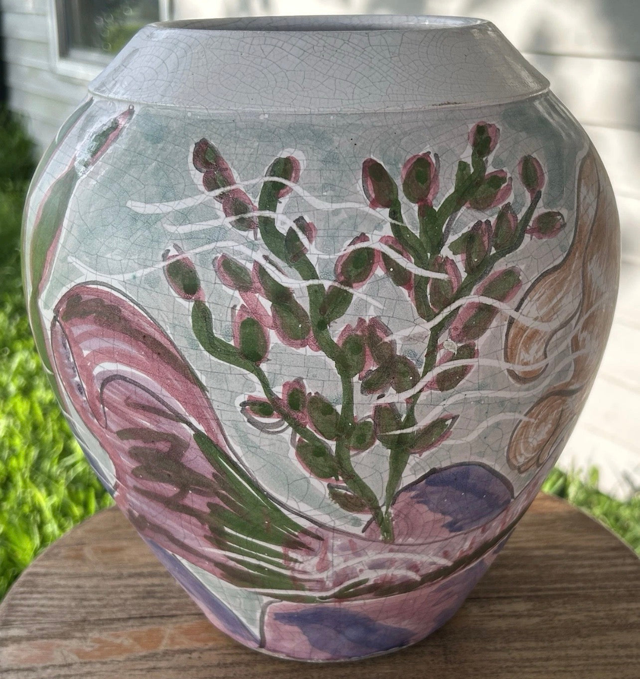 1992 Bruce and Tami Odell Studio Pottery Crackle Glazed Clay Mermaid and Fish Sea Life Motifs Baluster Vase