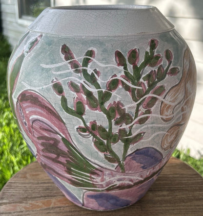 1992 Bruce and Tami Odell Studio Pottery Crackle Glazed Clay Mermaid and Fish Sea Life Motifs Baluster Vase