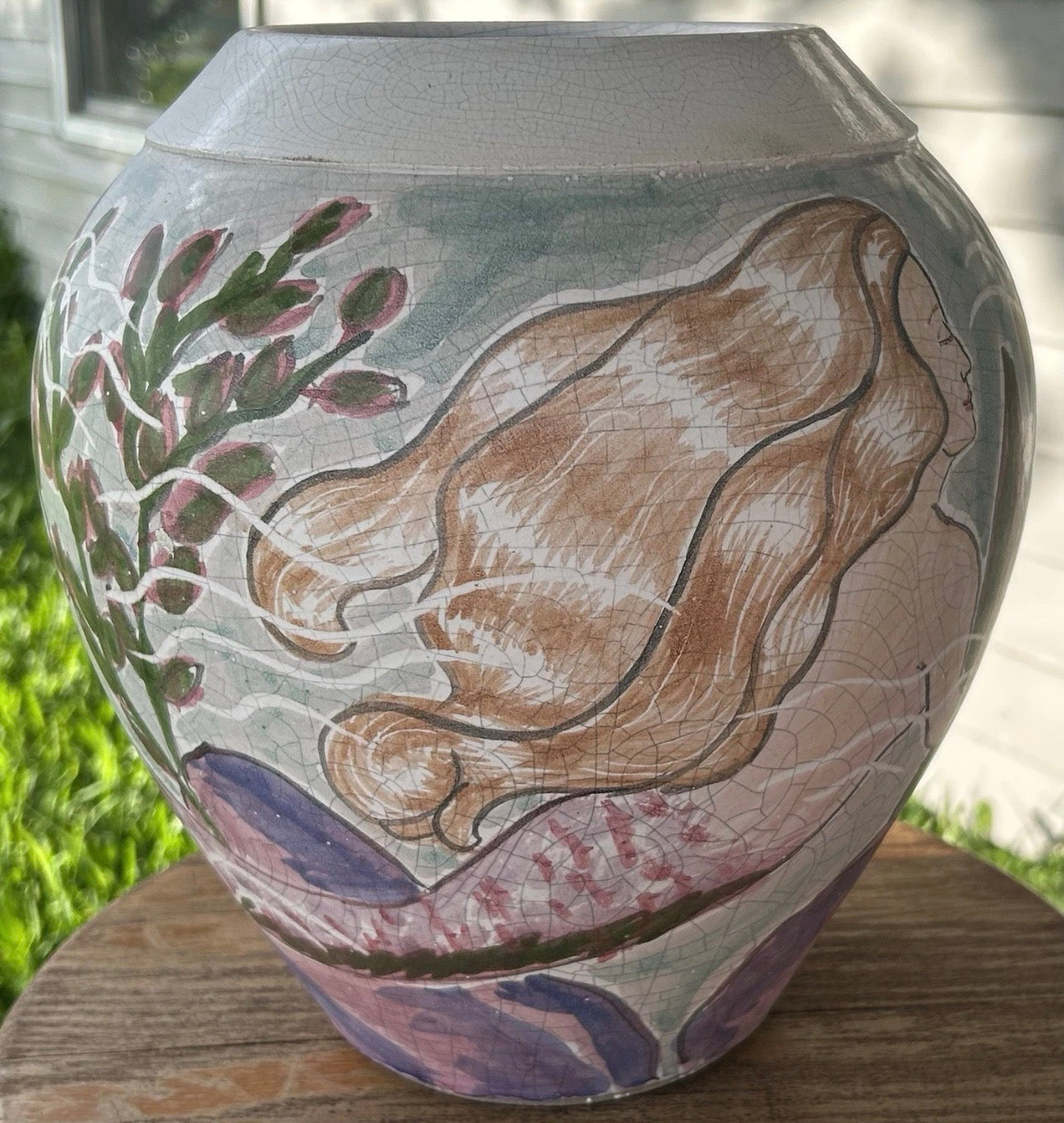 1992 Bruce and Tami Odell Studio Pottery Crackle Glazed Clay Mermaid and Fish Sea Life Motifs Baluster Vase