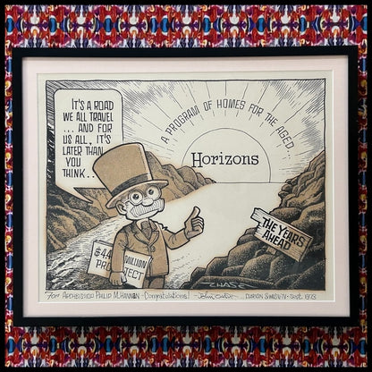 Vintage 1973 John Churchill Chase New Orleans Framed Signed Original Cartoon Art for Catholic Horizons “A Program for the Aged” Gifted to Archbishop Philip M. Hannan from the Clarion Herald and WDSU-TV