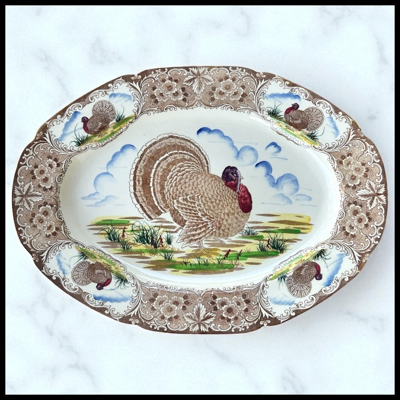 Vintage 1950’s Japanese Maruta Ware Ceramic Transferware Turkey Motif Thanksgiving Oval Platter