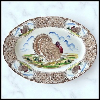 Vintage 1950’s Japanese Maruta Ware Ceramic Transferware Turkey Motif Thanksgiving Oval Platter