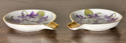Pair of 1940’s German Mitterteich Bavaria Porcelain Gilded Violet Flower Motifs Personal Ashtrays