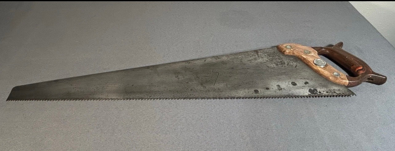 Vintage 1946-1954 American Henry Disston & Sons 26-Inch Steel Metal Blade/Disstonite Thermoplastic Marbleized Brown Body/Orange Shield Handle D-95 Masterpiece Model Handsaw