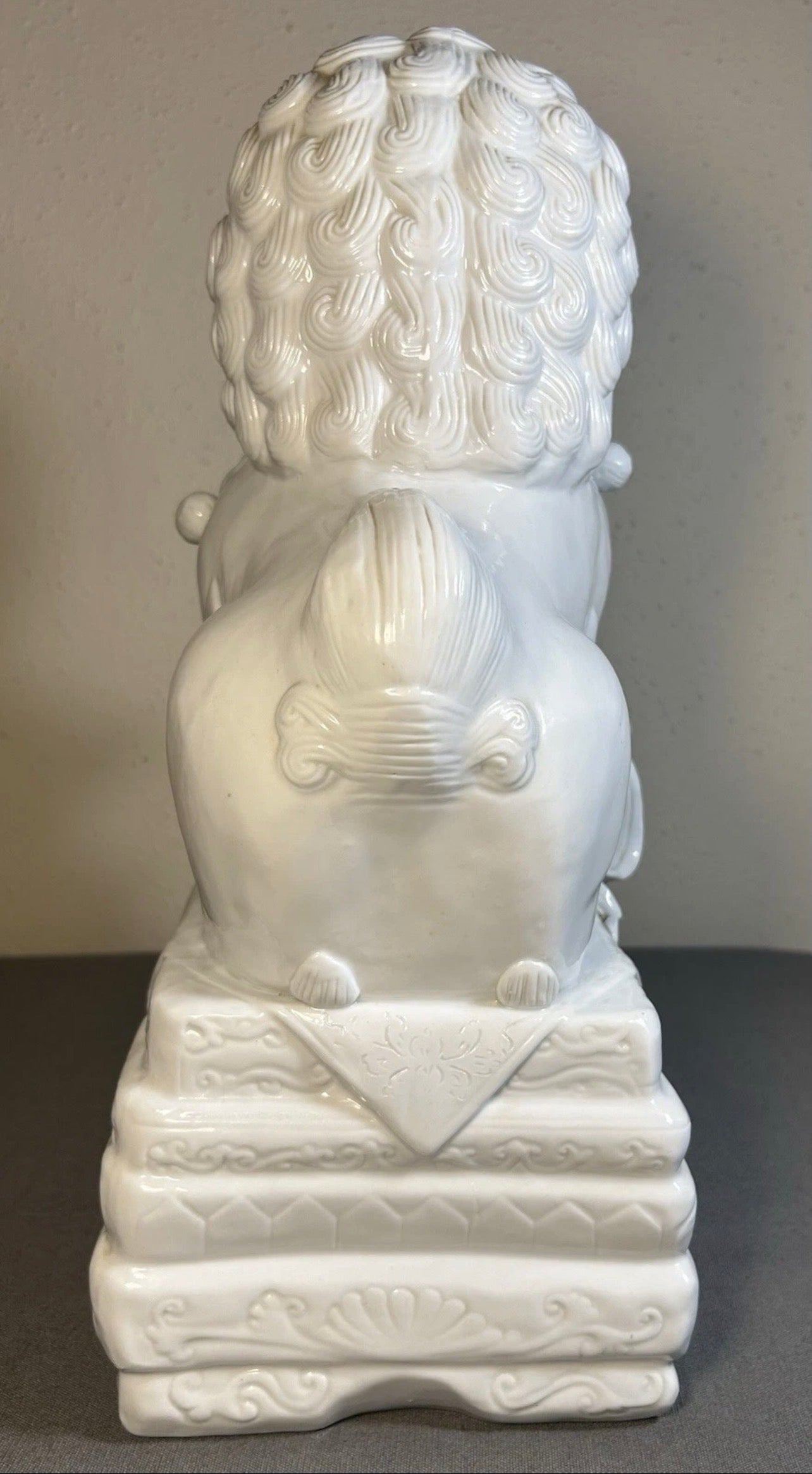 Vintage 1980’s Chinese Dehua Blanc de Chine Porcelain Male Foo Dog Guardian Lion Statue