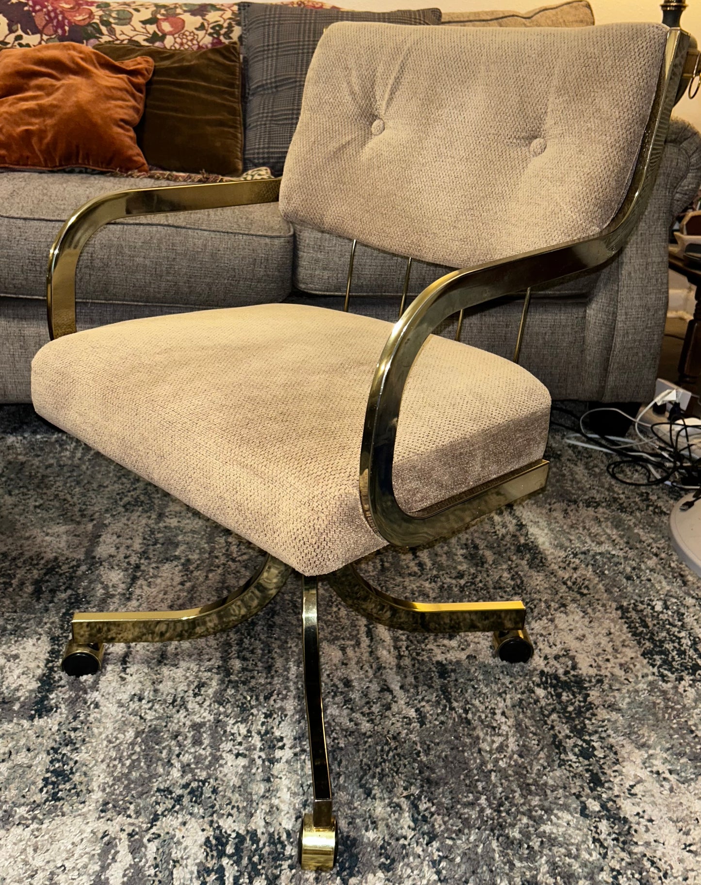Set of 2 Vintage 1980’s American Hollywood Regency Chromcraft Brass Style Metal/Beige Upholstered Rolling Accent Armchairs