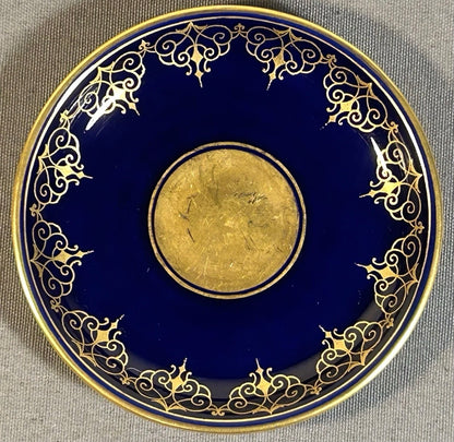 Austrian Augarten Porcelain Biedermeier Style Gilded Cobalt Blue Scrollwork Motifs Demitasse Cups and Saucer Set