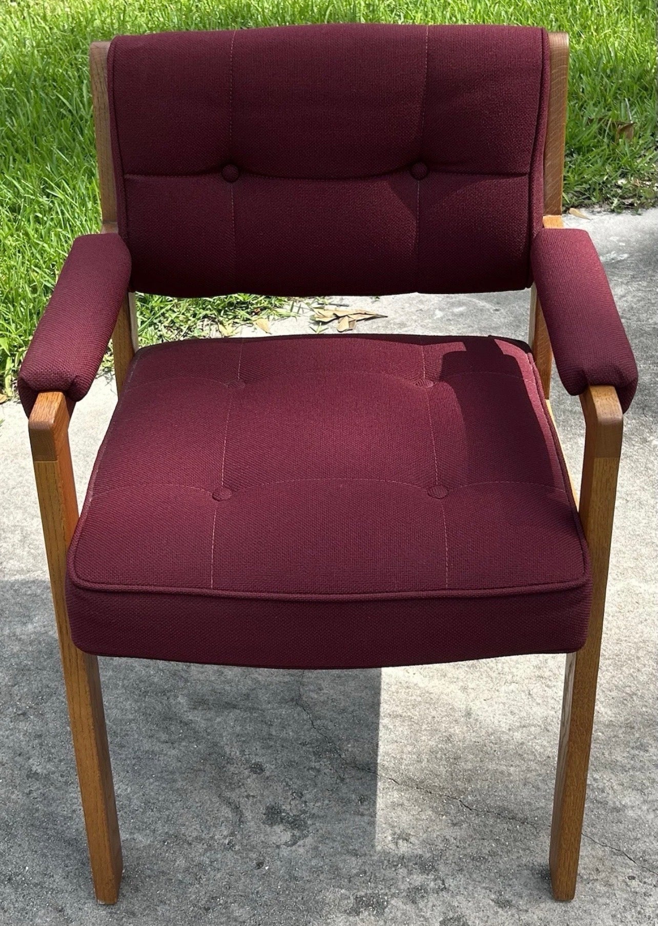Vintage 1970’s American La-Z-Boy Mid Century Modern Oak Wood/Burgundy Red Upholstered Cushioned Armchair