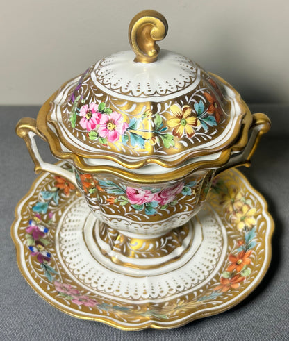 1930’s French Halga Limoges Napoleon III Style Porcelain Hand-Painted Gilded Floral Motifs Footed Chocolate Pot with Underplate