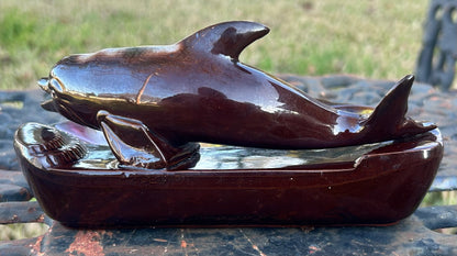 Vintage 1950’s Ceramic Redware Drip Glaze Florida Dolphin Souvenir Ashtray Made in Japan