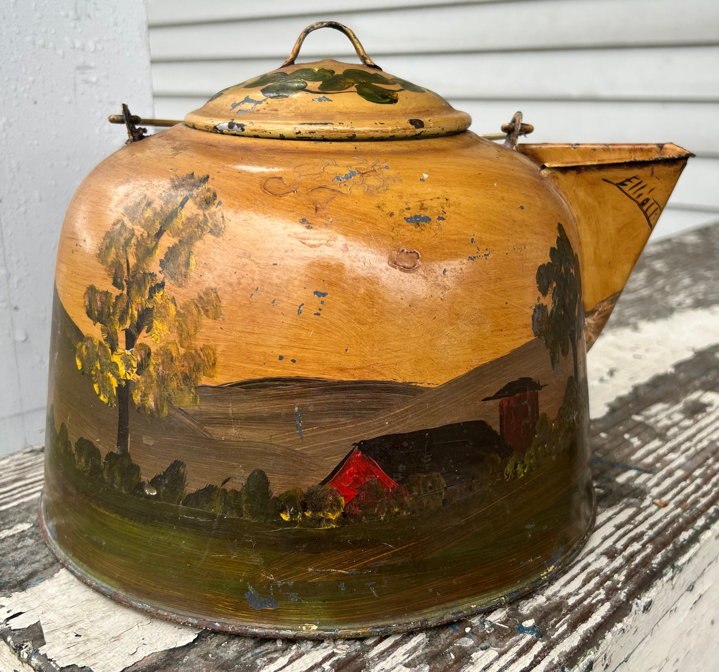 Vintage Mid 20th Century American Primitive Folk Art Hand-Painted Toleware Girls Jumping Rope in Countryside Landscape Motif Metal Coffee Kettle Signed Elliott
