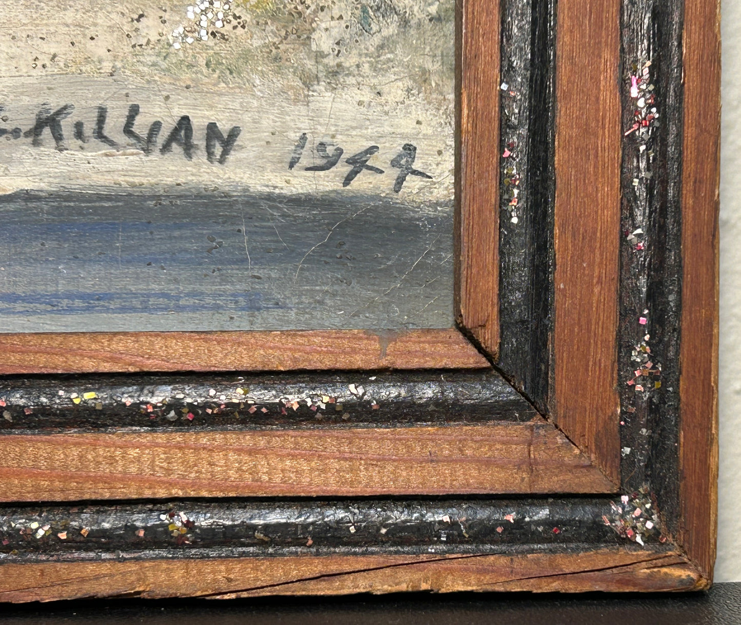 1944 American Folk Art Style Winter Landscape Framed Glitter Embellished Oil Painting by Clarence Killian (Indiana)