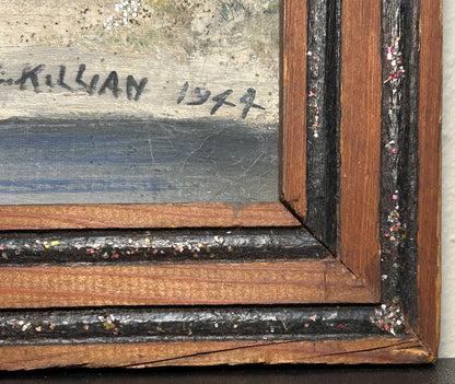 1944 American Folk Art Style Winter Landscape Framed Glitter Embellished Oil Painting by Clarence Killian (Indiana)