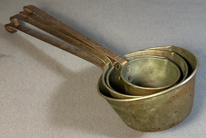 Set of 4 Late 19th Century French Primitive Tin-Lined Copper/Wrought Iron Nesting Pouring Measuring Cups with Handles