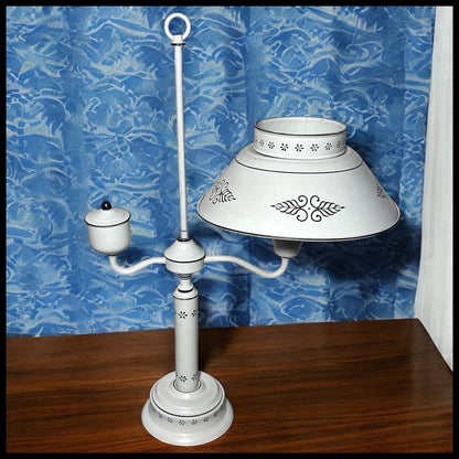 Vintage Mid 20th Century American Country Style White/Black Toleware Metal Student Desk Lamp