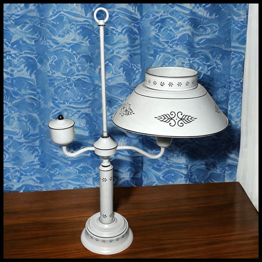 Vintage Mid 20th Century American Country Style White/Black Toleware Metal Student Desk Lamp