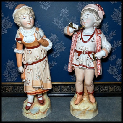Set of 2 Late 19th Century German Victorian Conta & Boehme Bisque Porcelain Young Boy and Girl Figurines