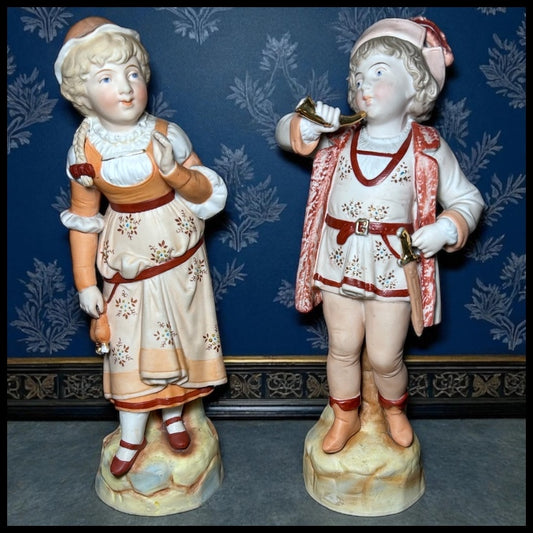 Set of 2 Late 19th Century German Victorian Conta & Boehme Bisque Porcelain Young Boy and Girl Figurines