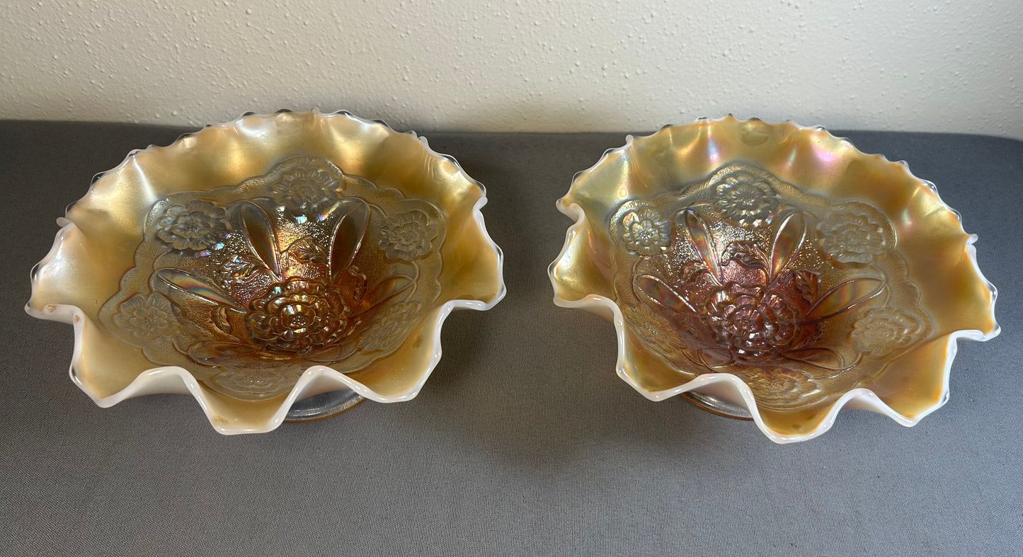 Pair of Circa 1915-1925 American Fenton Marigold/Opalescent Carnival Glass Lustre Rose Pattern Footed Compotes