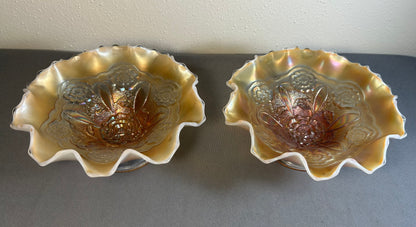 Pair of Circa 1915-1925 American Fenton Marigold/Opalescent Carnival Glass Lustre Rose Pattern Footed Compotes
