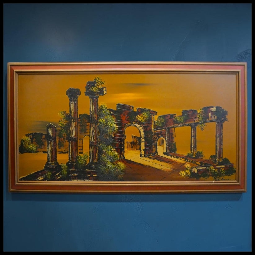 Vintage 1960’s American Mid Century Modern Greek Ruins Framed Oil Painting on Board Signed Nichace