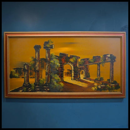 Vintage 1960’s American Mid Century Modern Greek Ruins Framed Oil Painting on Board Signed Nichace