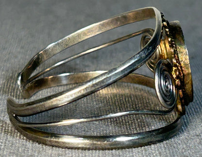 Vintage Circa 1970 Mexican Alpaca Modernist Silver Tone Abalone Shell and Black Onyx Inlay Aztec Chimalli Shield Motif Bangle Bracelet and Tassel Dangle Earrings Jewelry Set