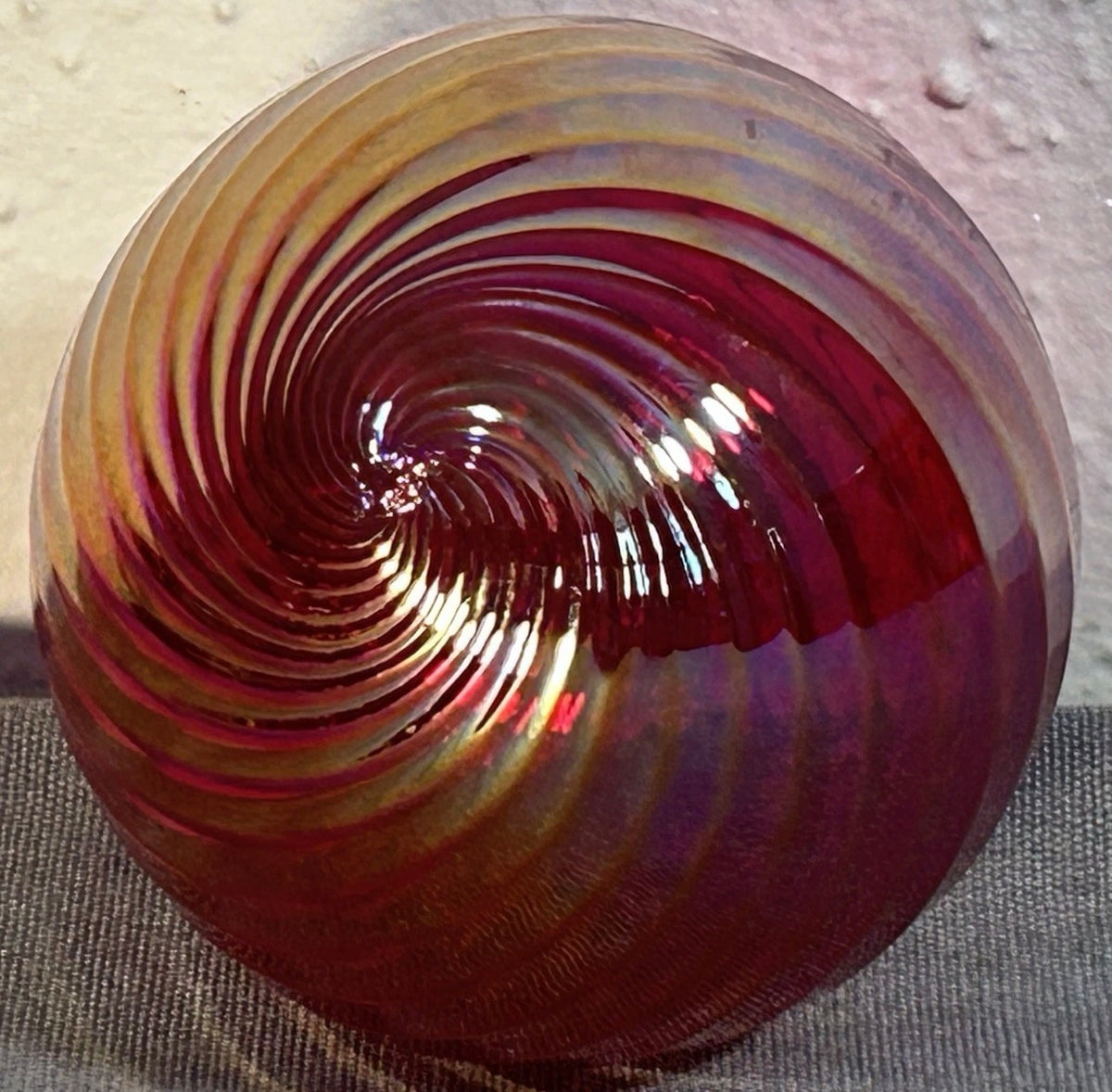 Polish Hand-Blown Iridescent Ruby Red Art Glass Round Ornament