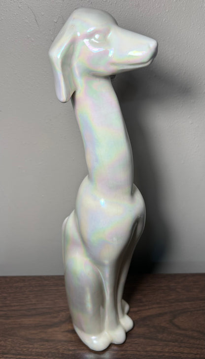 Vintage 1950’s American Mid Century Modern USA Pottery Iridescent White Crackle Glazed Ceramic Greyhound Dog Sculpture (#508)