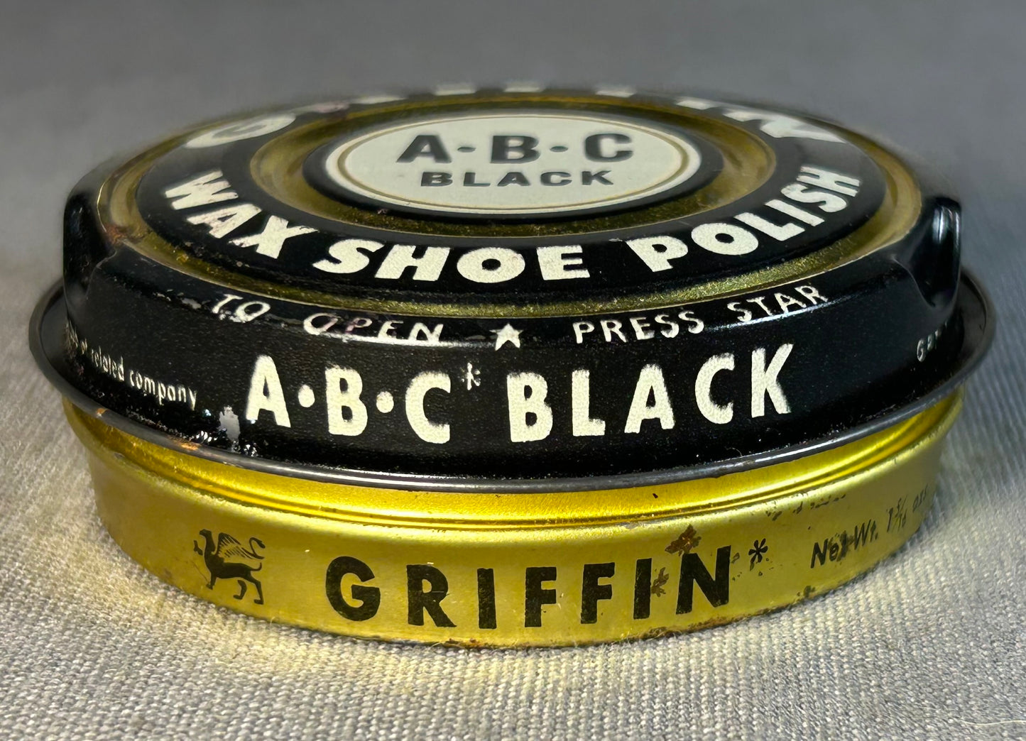 Vintage 1950’s American Griffin A•B•C Black Wax Shoe Polish Tin Made by Boyle-Midway Inc.
