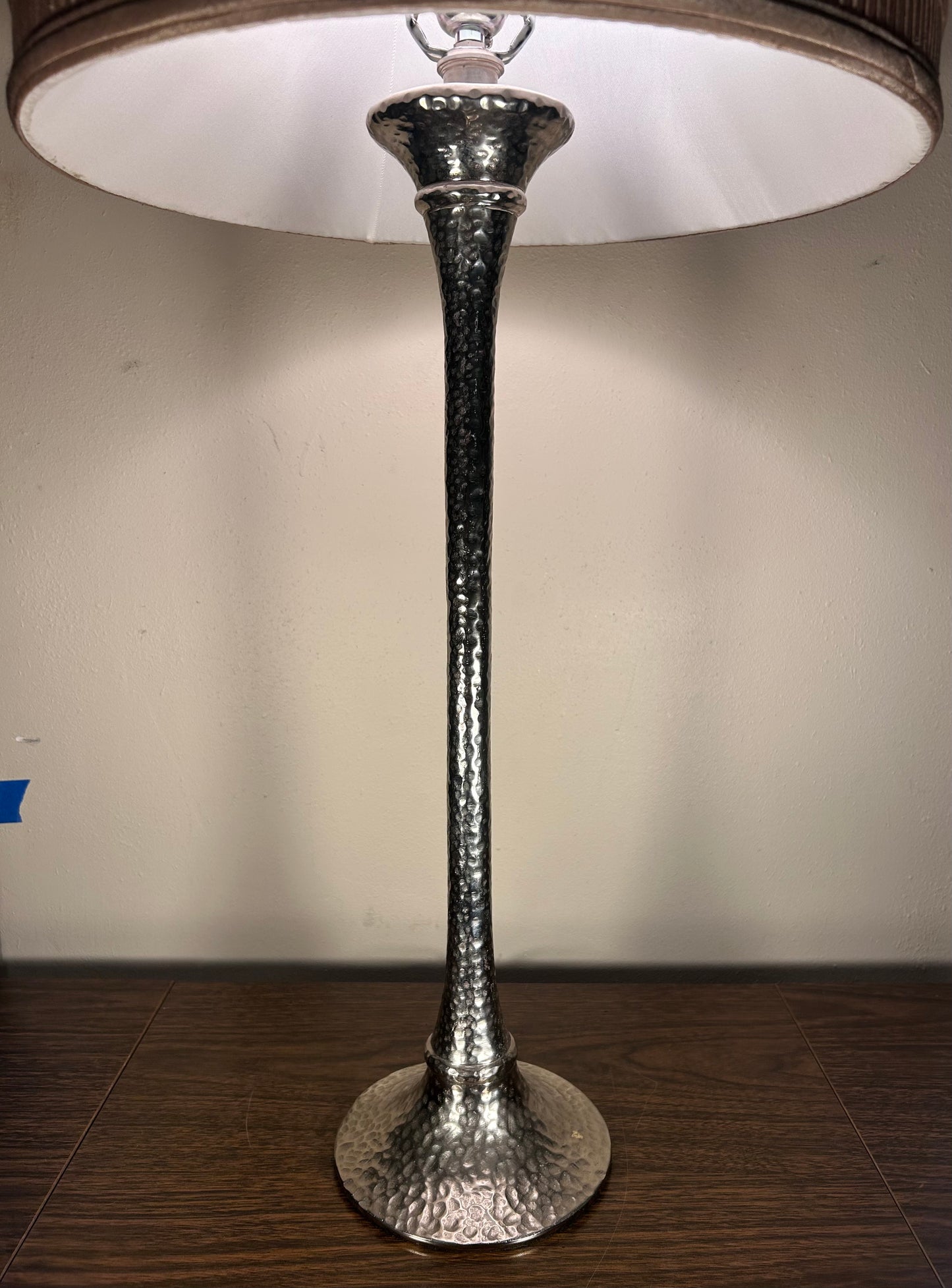 Arteriors Home Contemporary Style Silver Hammered Metal Trumpet Form Base/Cloth Bell Shade Table Lamp