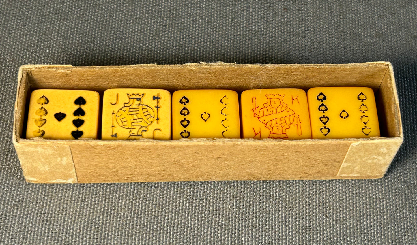 Set of 5 Vintage 1950’s American Crisloid Top Grade Butterscotch Catalin Bakelite Card Dice in Original Box