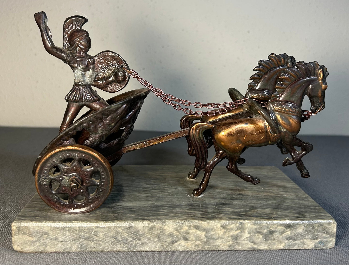 Vintage Circa 1960’s Greek Mythology Achilles with War Chariot Bronze Patinated Spelter Statue on Grey/White Marble Base Made in Greece