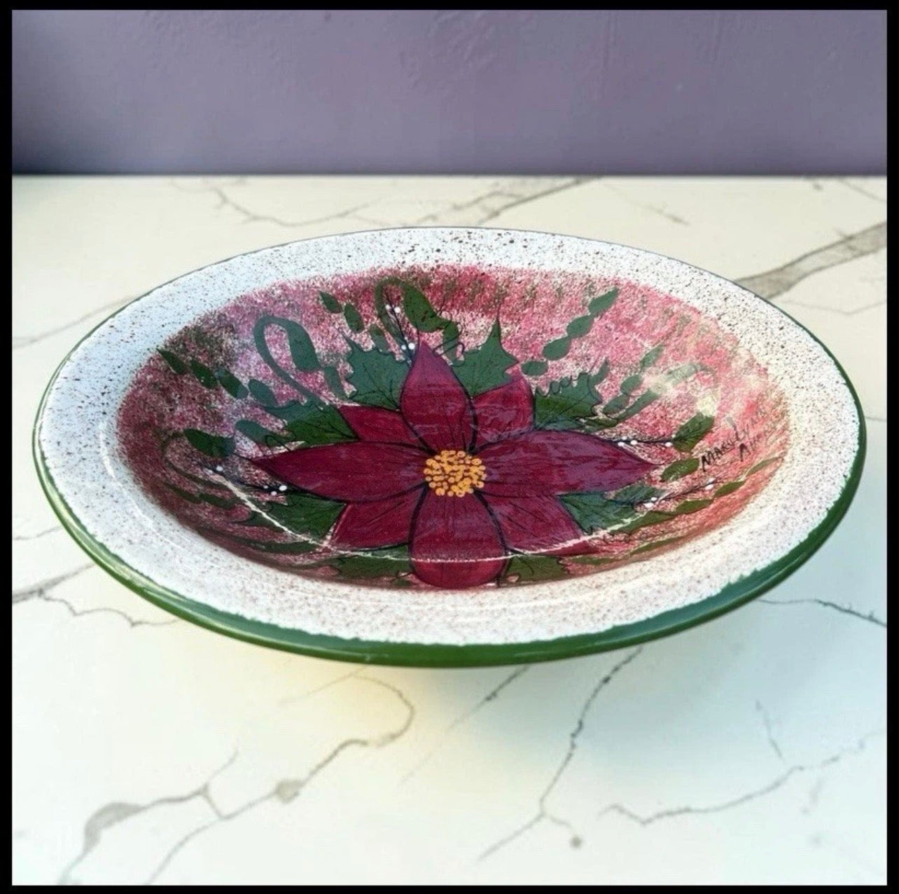 Vintage Late 1970’s American Mid Century Modern Mary Lynn Avery Art Pottery Ceramic Christmas Poinsettia Flower Motif Oval Shallow Bowl