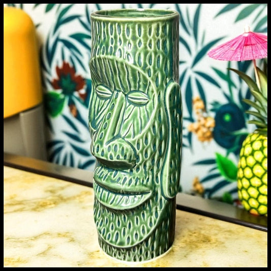 Vintage 1970’s Huki Lau Metairie, Louisiana Ceramic Green Tiki Moai Glass