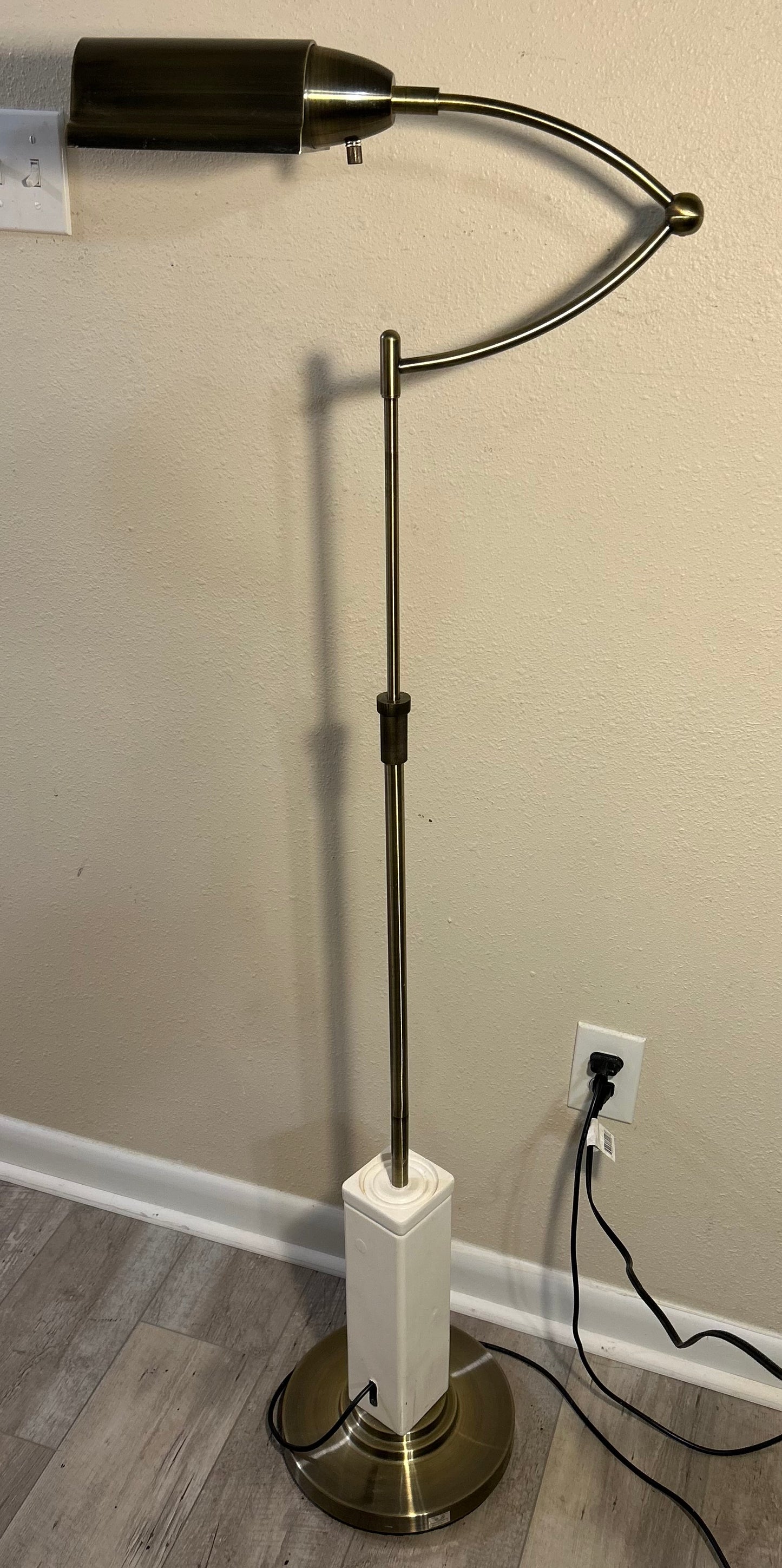 Vintage 1980’s Postmodern Brushed Brass Metal/White Wood Block Base Swingarm Floor Lamp