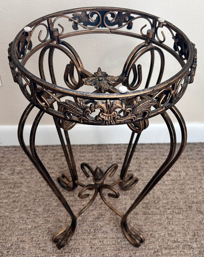 Vintage 1980’s Hollywood Regency Style Collapsible Gilded Wrought Iron Base/Round Glass Top Accent Table