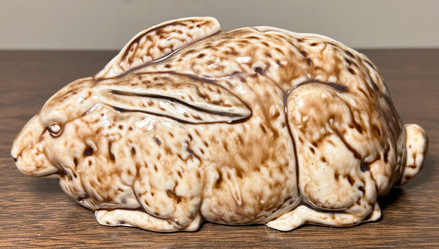 Late 19th Century English Victorian Staffordshire Mottled Brown Glazed Porcelain Rabbit Laying Down Figural Bank
