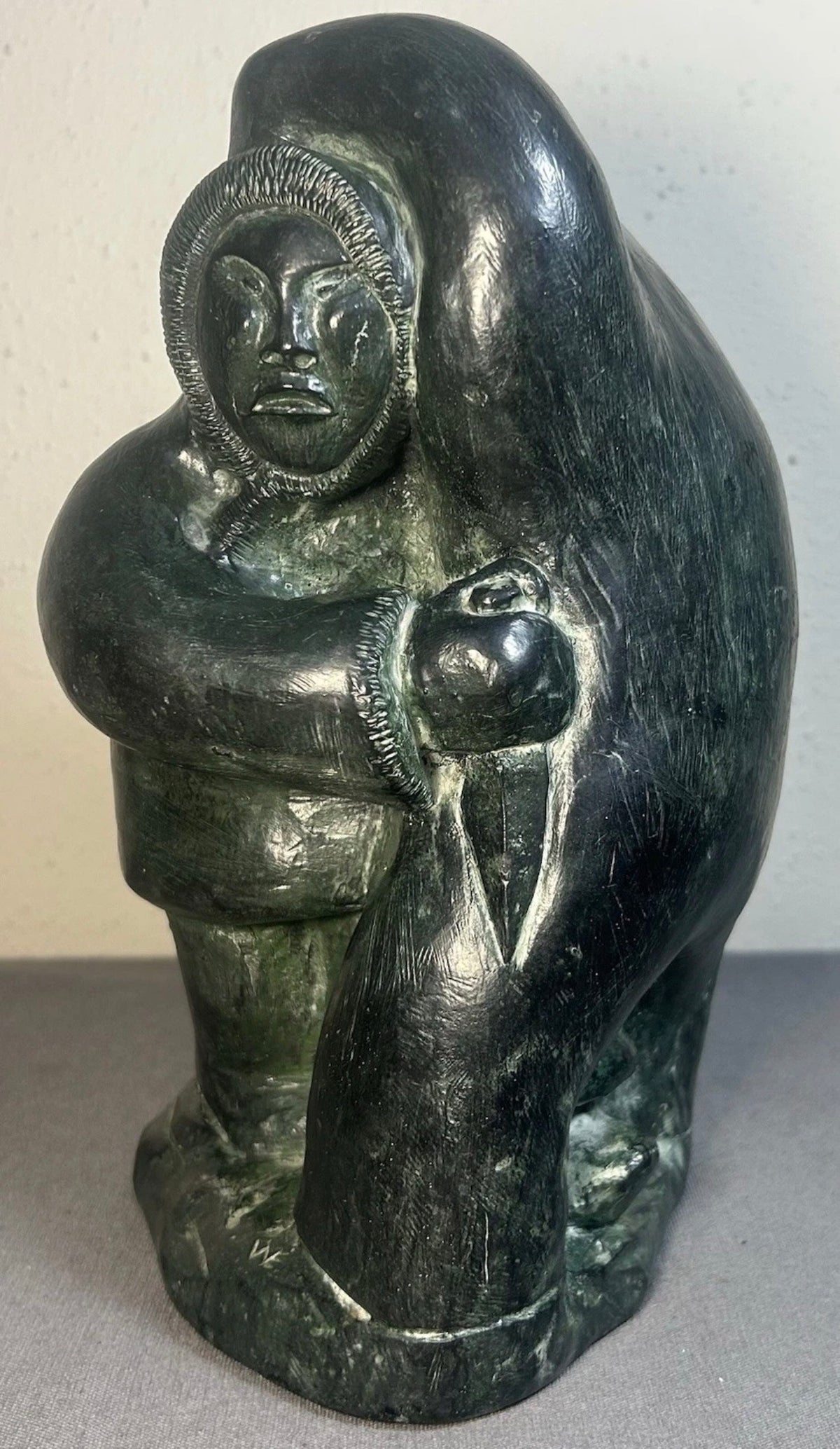 Vintage 1970’s Candian The Wolf Sculptures Edmund Wolf Indigenous Hunter Embracing Polar Bear Soapstone Style Resin Composite Sculpture