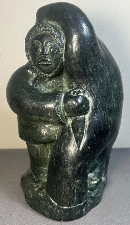 Vintage 1970’s Candian The Wolf Sculptures Edmund Wolf Indigenous Hunter Embracing Polar Bear Soapstone Style Resin Composite Sculpture