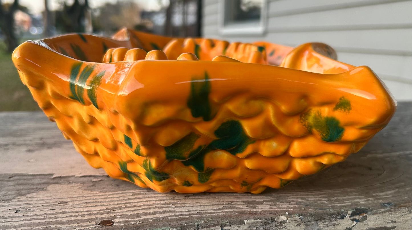 Vintage 1960’s American Mid Century Modern Byron Mold Ceramic Large Orange/Green-Spotted Ashtray