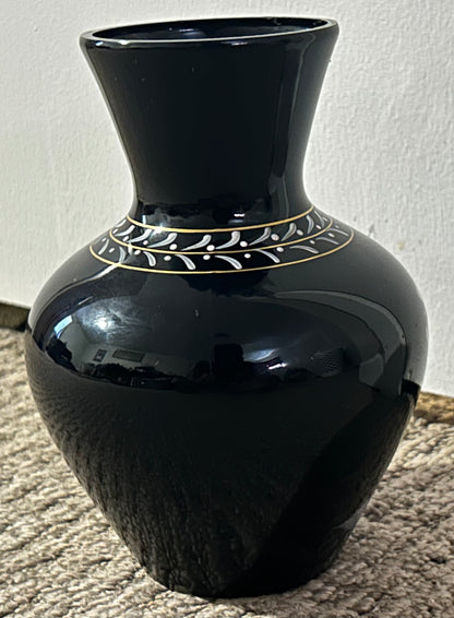 Vintage 1950’s American Westmoreland Mary Gregory Black Amethyst Glass Hand-Painted Woman Playing Harp Motif Baluster Vase
