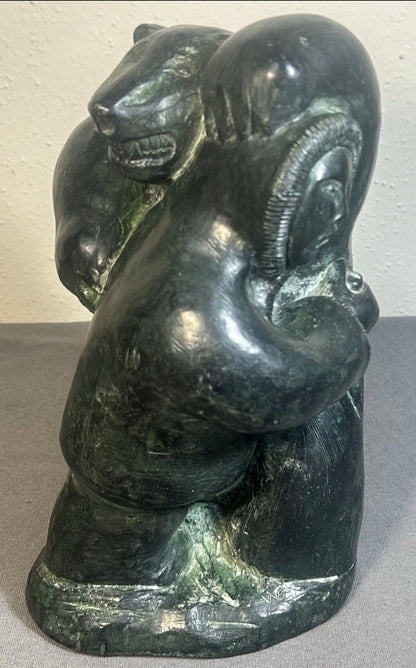 Vintage 1970’s Candian The Wolf Sculptures Edmund Wolf Indigenous Hunter Embracing Polar Bear Soapstone Style Resin Composite Sculpture