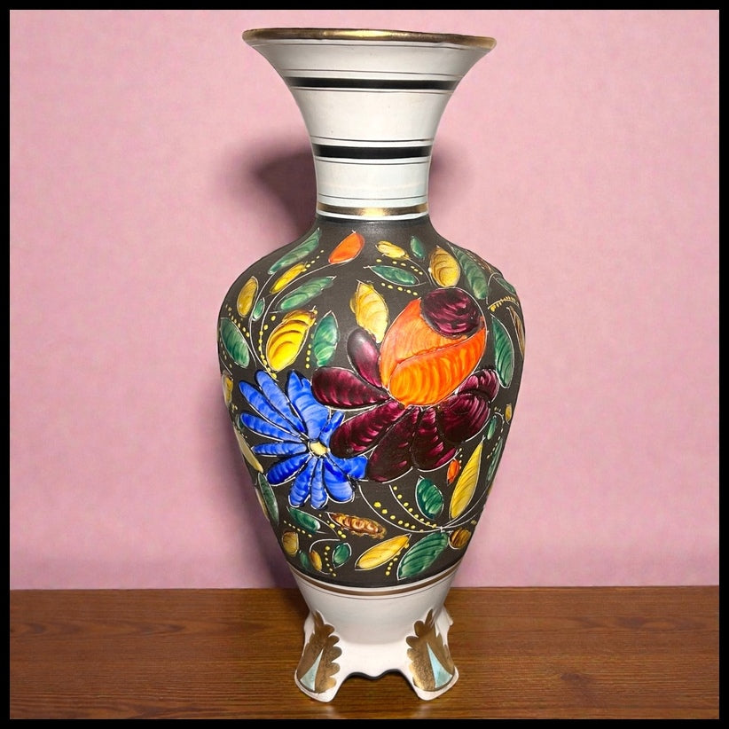 Vintage 1950’s H. Bequet Quaregnon Belgium Pottery Gilded Enamel Hand-Painted Floral Motifs Footed Baluster Vase