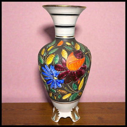 Vintage 1950’s H. Bequet Quaregnon Belgium Pottery Gilded Enamel Hand-Painted Floral Motifs Footed Baluster Vase