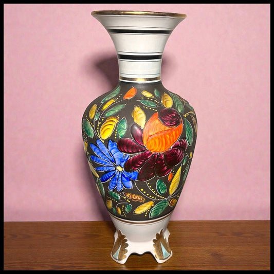 Vintage 1950’s H. Bequet Quaregnon Belgium Pottery Gilded Enamel Hand-Painted Floral Motifs Footed Baluster Vase