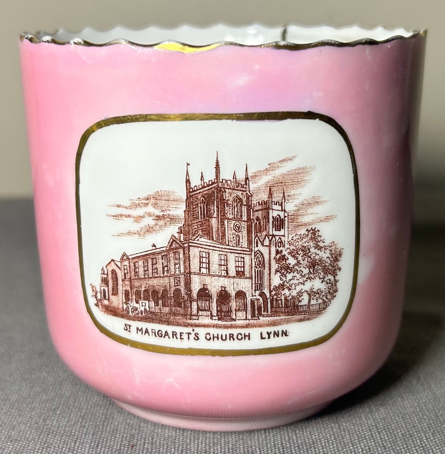 Late 19th Century German Victorian Schlesische Porzellanfabrik Louis Lövinsohn and P. Donath Gilded Pink Porcelain Mustache Cup and Saucer Set