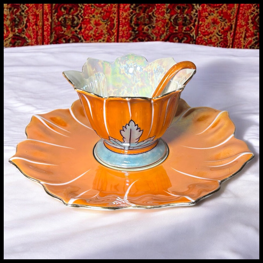 1920’s Japanese Art Deco Noritake Morimura Bros. Lustreware Porcelain Lotus Flower Form Leaf Motifs Footed Condiment/Sauce Bowl Three-Piece Set with Ladle and Underplate