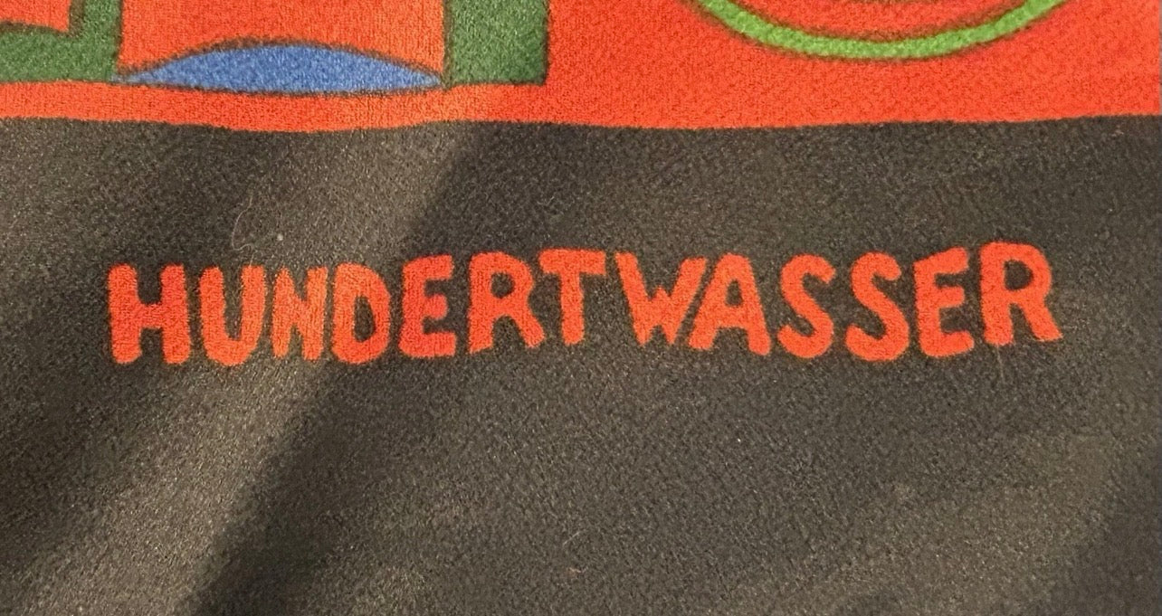 Vintage Circa 1970 Friedensreich Hundterwasser “The Blood Flows in a Circle and I Have a Bicycle” Art Silk Scarf Made by Filmdruck Heberlein & Co. AG (Switzerland)